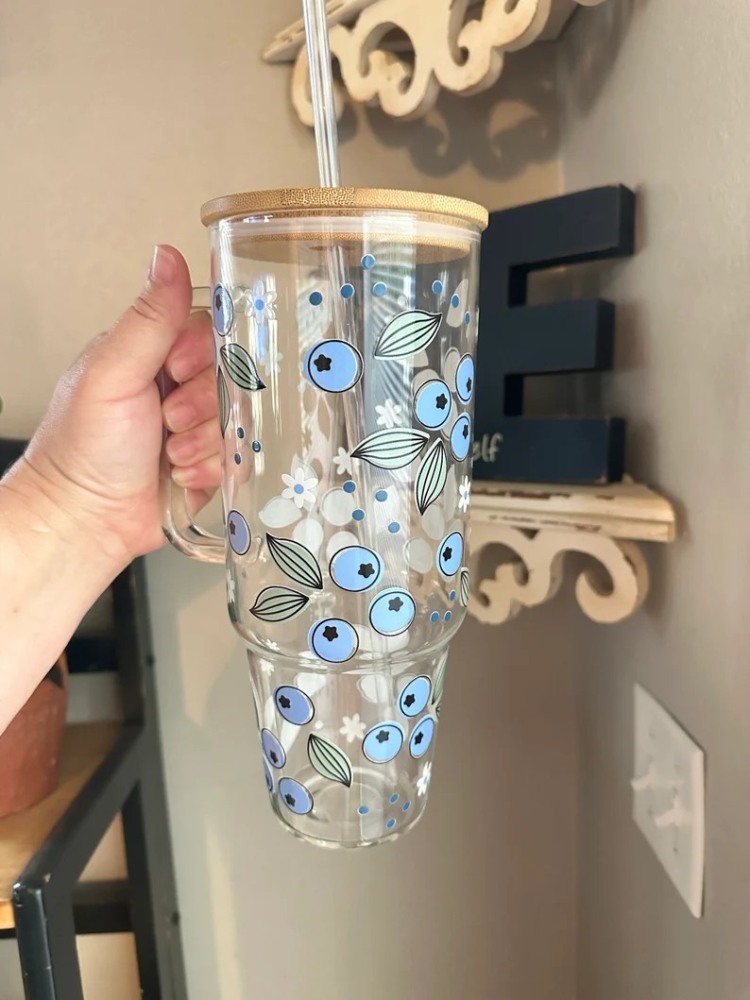 Alwin USA RTS Clear/Frosted 32/40oz Sublimation Mug Glass Tumbler with Handle & Bamboo Lid