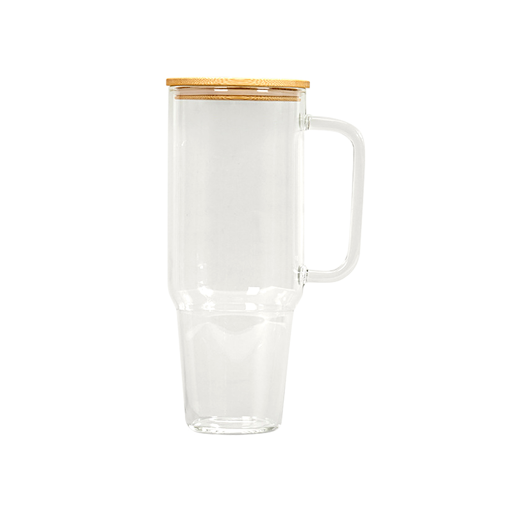 Alwin USA RTS Clear/Frosted 32/40oz Sublimation Mug Glass Tumbler with Handle & Bamboo Lid
