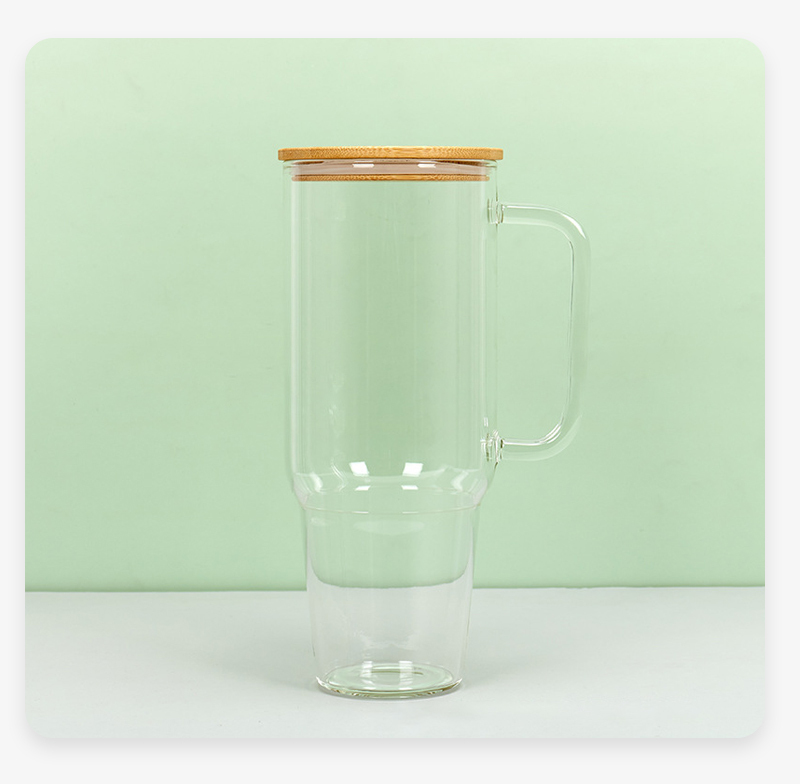 Alwin USA RTS Clear/Frosted 32/40oz Sublimation Mug Glass Tumbler with Handle & Bamboo Lid