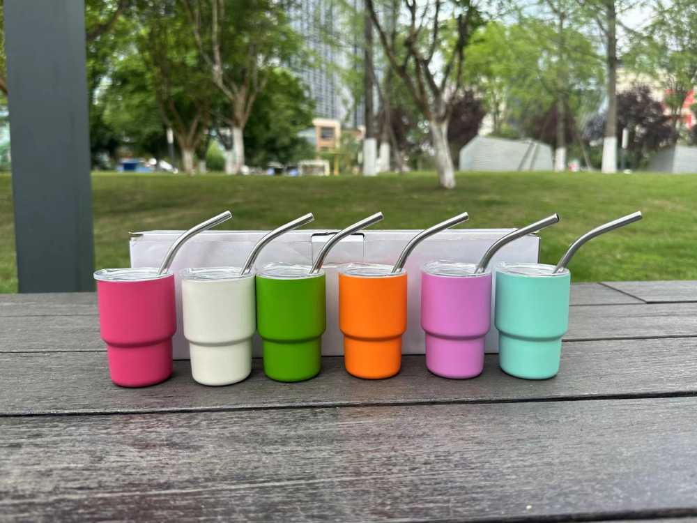 Alwin China RTS New Product 3oz taper shot glasses with metal straw 3oz Matte shot glasses for Laser Mixed Color 48pcs