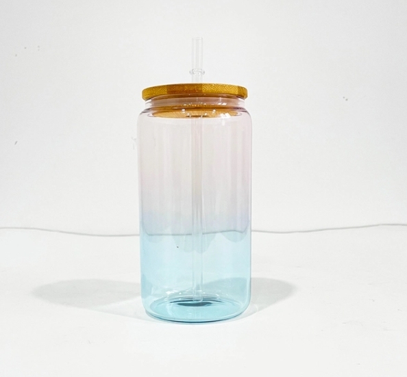 Alwin USA Warehouse 16oz Crystal ocean Glass CanWith Pp Lid Bamboo Lid