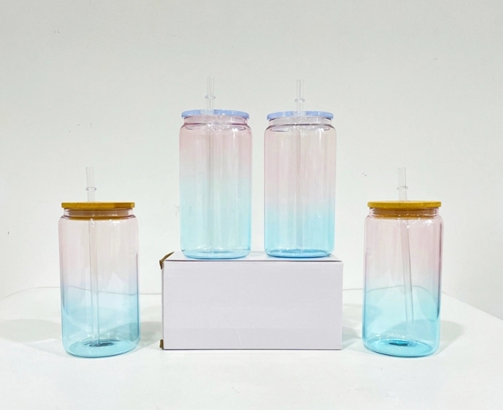 Alwin USA Warehouse 16oz Crystal ocean Glass CanWith Pp Lid Bamboo Lid