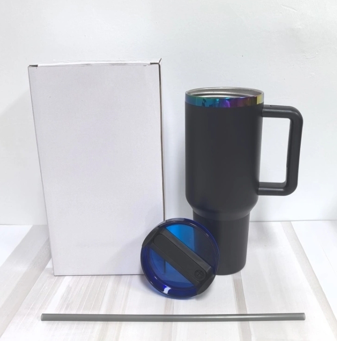 Alwin USA RTS 20PCS 40oz H2.0 Black Rainbow Plated Tumbler with Blue Clear Lid