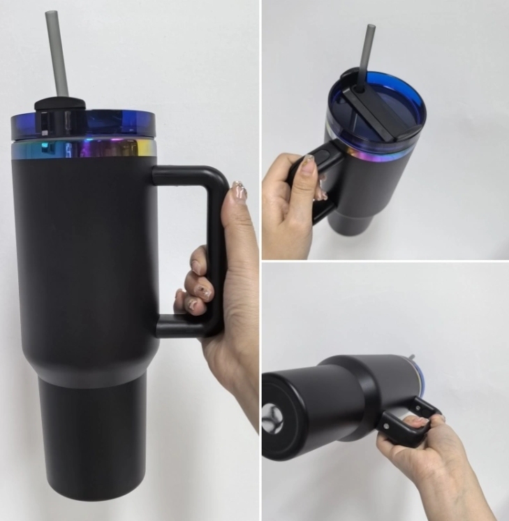 Alwin USA RTS 20PCS 40oz H2.0 Black Rainbow Plated Tumbler with Blue Clear Lid