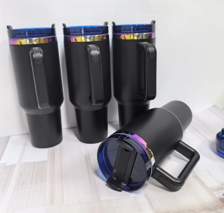 Alwin USA RTS 20PCS 40oz H2.0 Black Rainbow Plated Tumbler with Blue Clear Lid