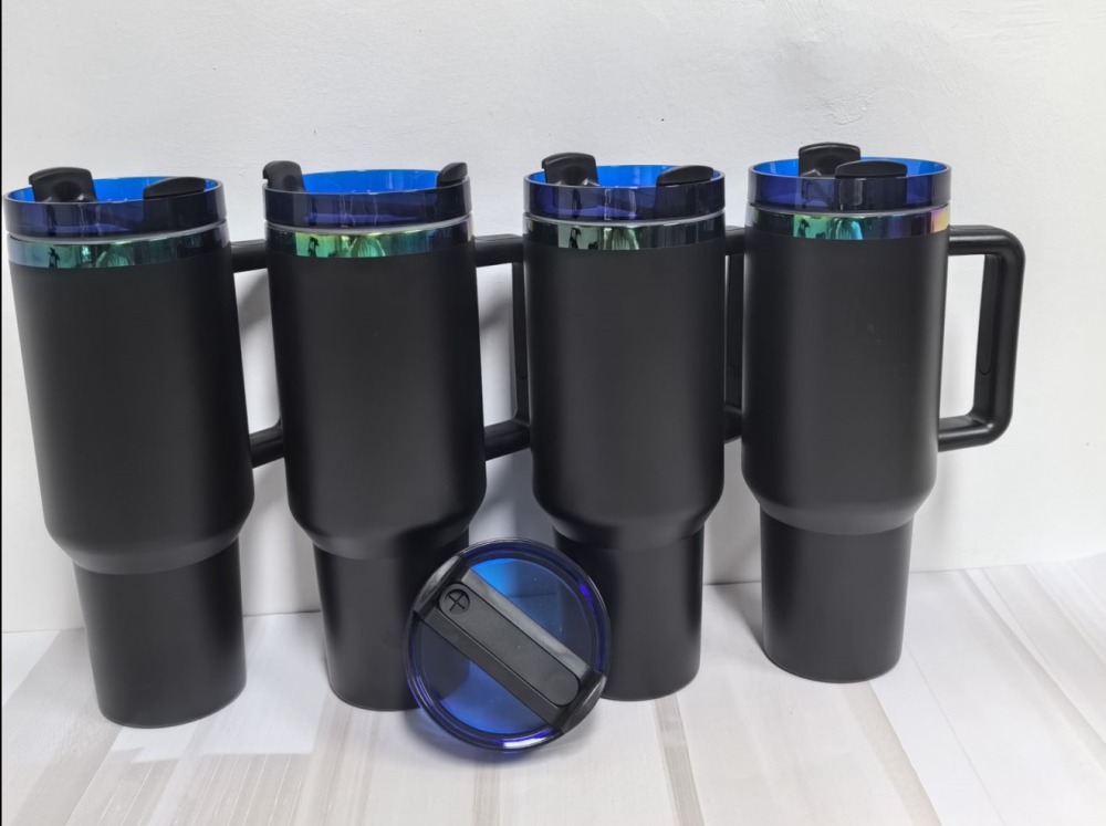 Alwin USA RTS 20PCS 40oz H2.0 Black Rainbow Plated Tumbler with Blue Clear Lid