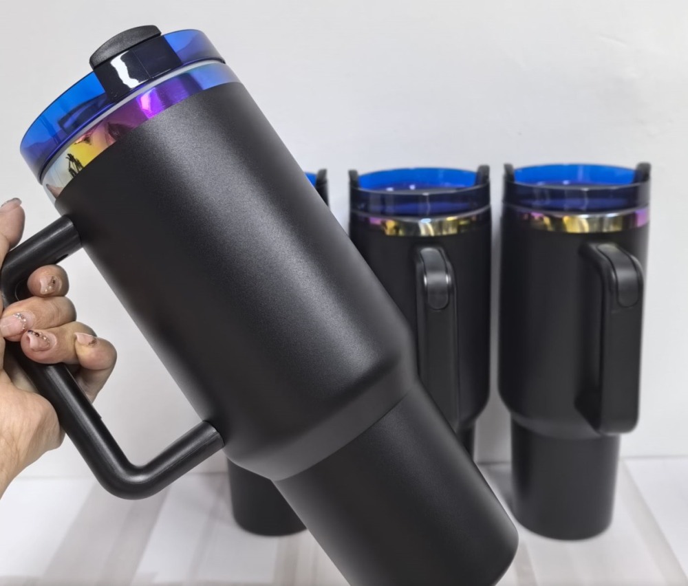 Alwin USA RTS 20PCS 40oz H2.0 Black Rainbow Plated Tumbler with Blue Clear Lid