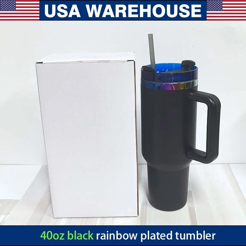Alwin USA RTS 20PCS 40oz H2.0 Black Rainbow Plated Tumbler with Blue Clear Lid