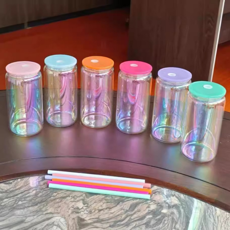 Alwin China RTS 16oz Rainbow Plated Beer Glass Can with Colored Lids & Straws