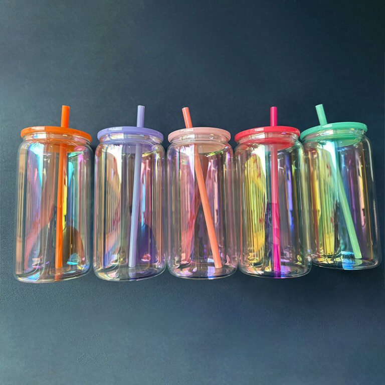 Alwin China RTS 16oz Rainbow Plated Beer Glass Can with Colored Lids & Straws