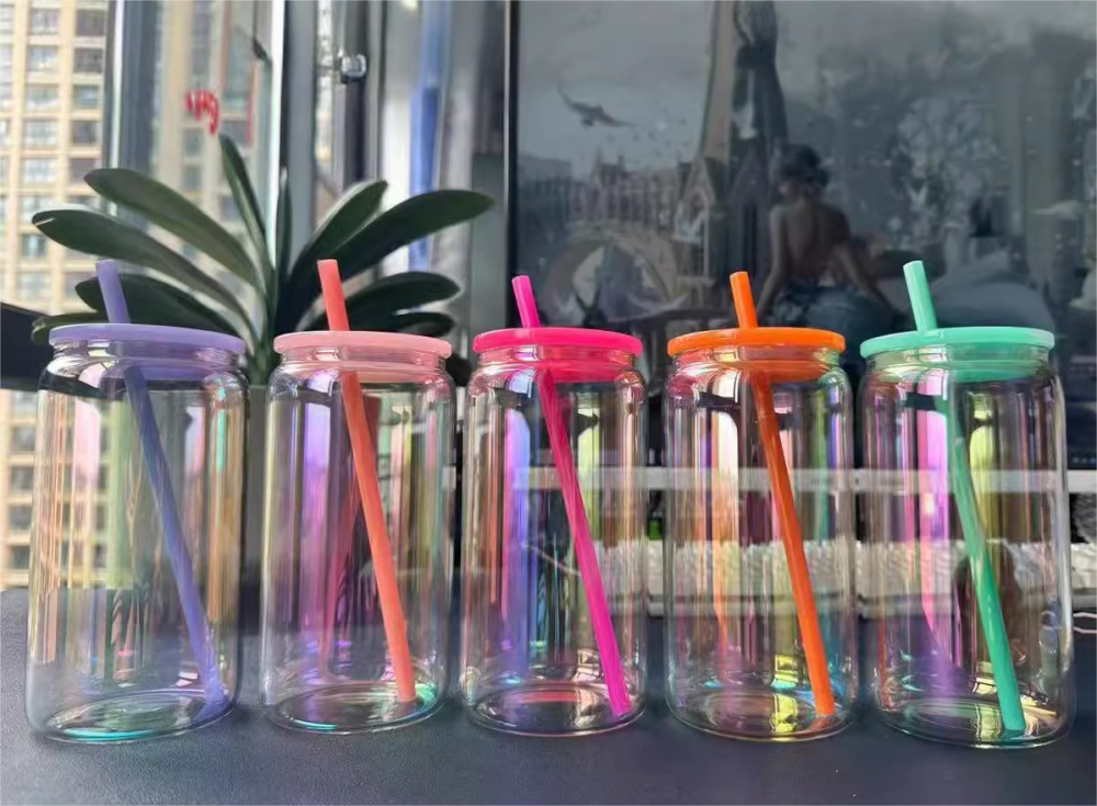 Alwin China RTS 16oz Rainbow Plated Beer Glass Can with Colored Lids & Straws
