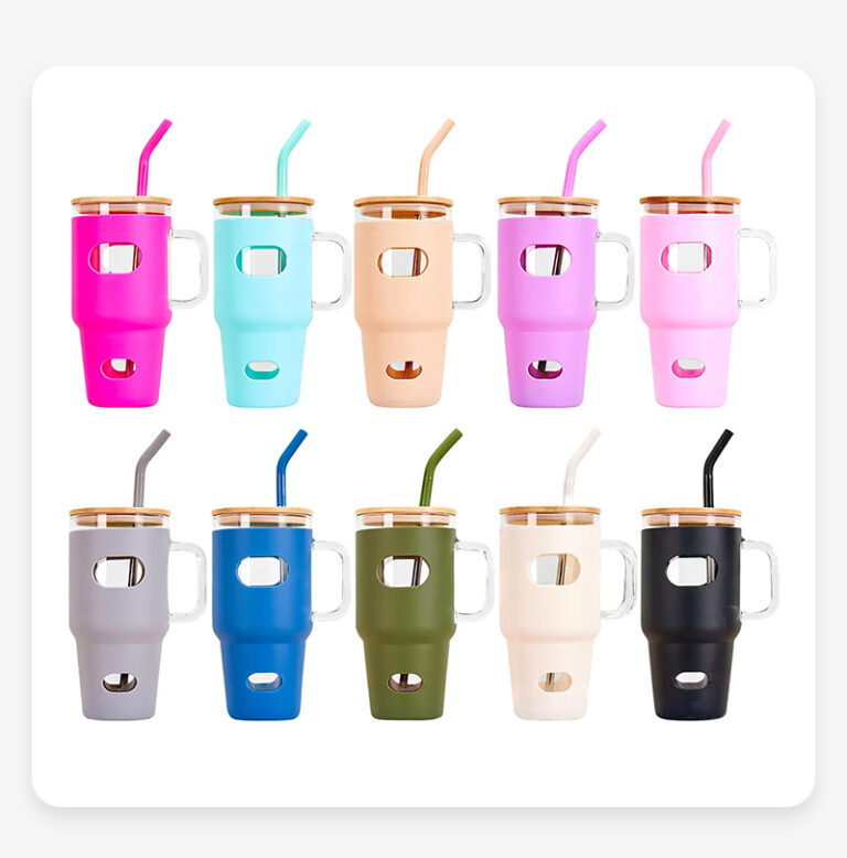 Alwin China RTS 32oz Glass Mugs wi/Handle & Silicone Protective Sleeve