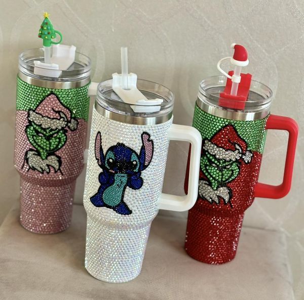Alwin China RTS Hot Sale 40oz 500ml Xmas Christmas Grinch Bling Rhinestone Tumbler with Handle Mixed Color