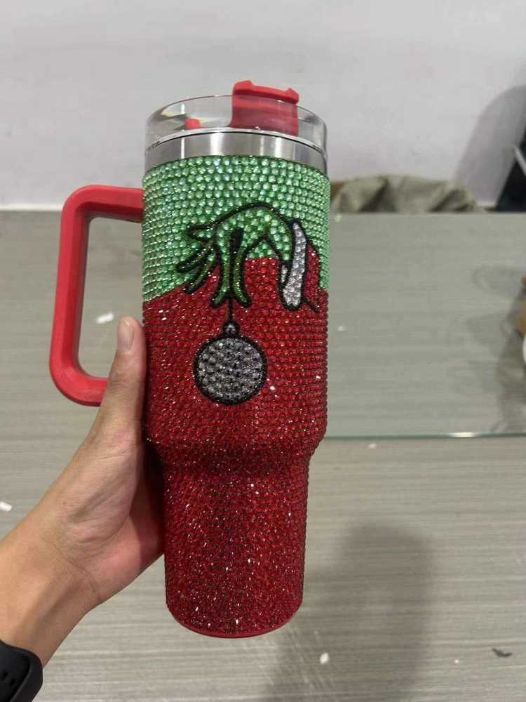 Alwin China RTS Hot Sale 40oz 500ml Xmas Christmas Grinch Bling Rhinestone Tumbler with Handle Mixed Color