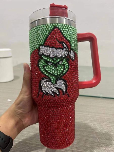 Alwin China RTS Hot Sale 40oz 500ml Xmas Christmas Grinch Bling Rhinestone Tumbler with Handle Mixed Color