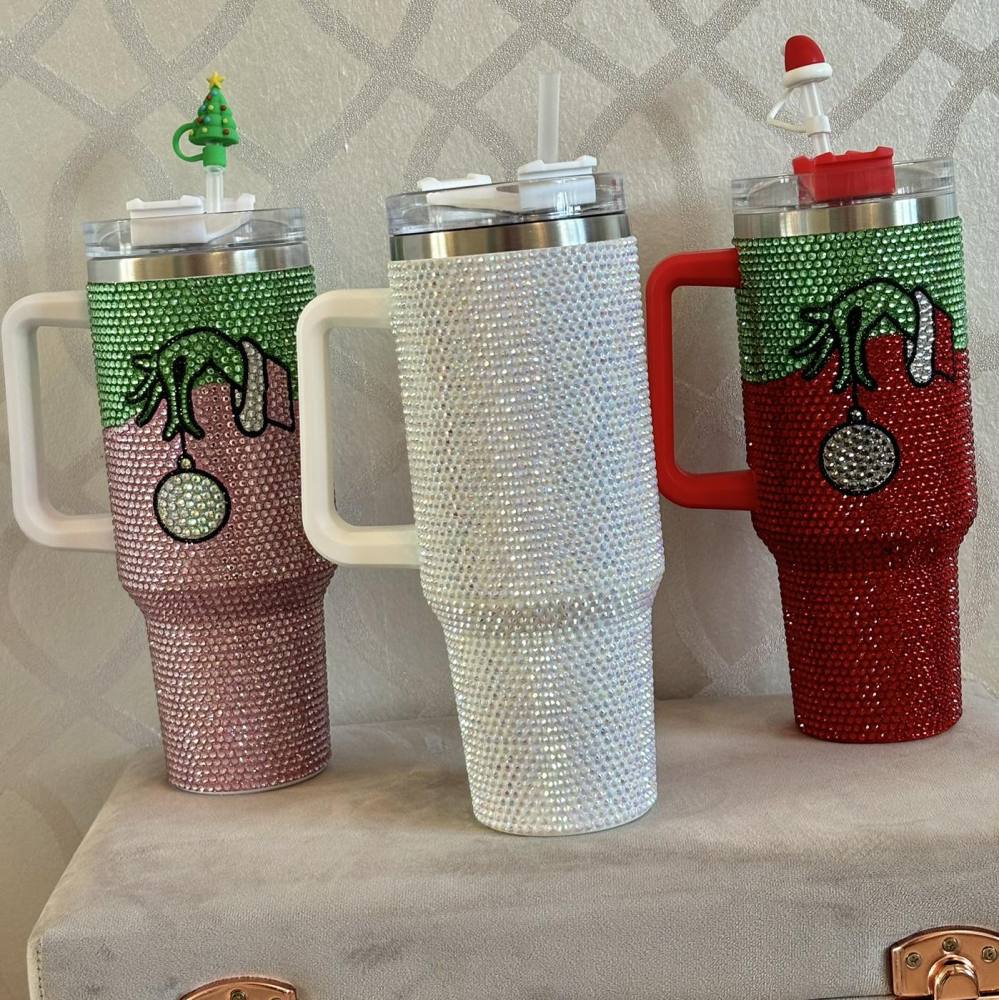 Alwin China RTS Hot Sale 40oz 500ml Xmas Christmas Grinch Bling Rhinestone Tumbler with Handle Mixed Color