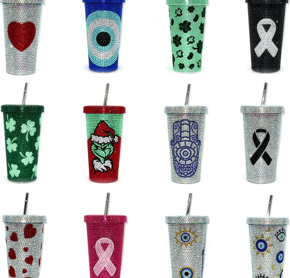 Alwin China RTS Hot Sale 40oz 500ml Xmas Christmas Grinch Bling Rhinestone Tumbler with Handle Mixed Color