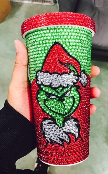 Alwin China RTS Hot Sale 40oz 500ml Xmas Christmas Grinch Bling Rhinestone Tumbler with Handle Mixed Color