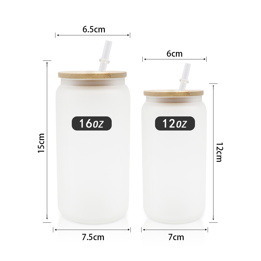 Alwin USA Warehouse 16oz Can Shaped Glass Sublimation Frosted Clear Beer Can Water Bottle Glass Jar with Bamboo Lid and Straws
