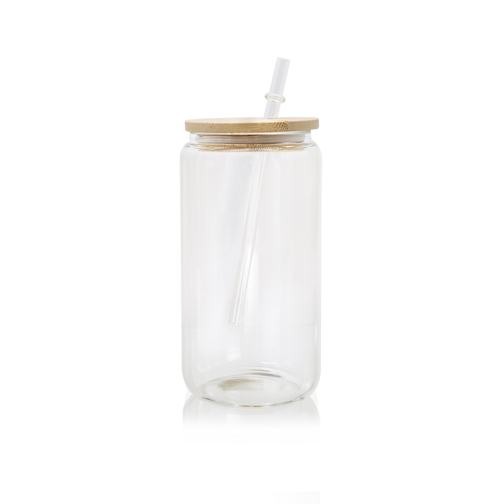 Alwin USA Warehouse 16oz Can Shaped Glass Sublimation Frosted Clear Beer Can Water Bottle Glass Jar with Bamboo Lid and Straws