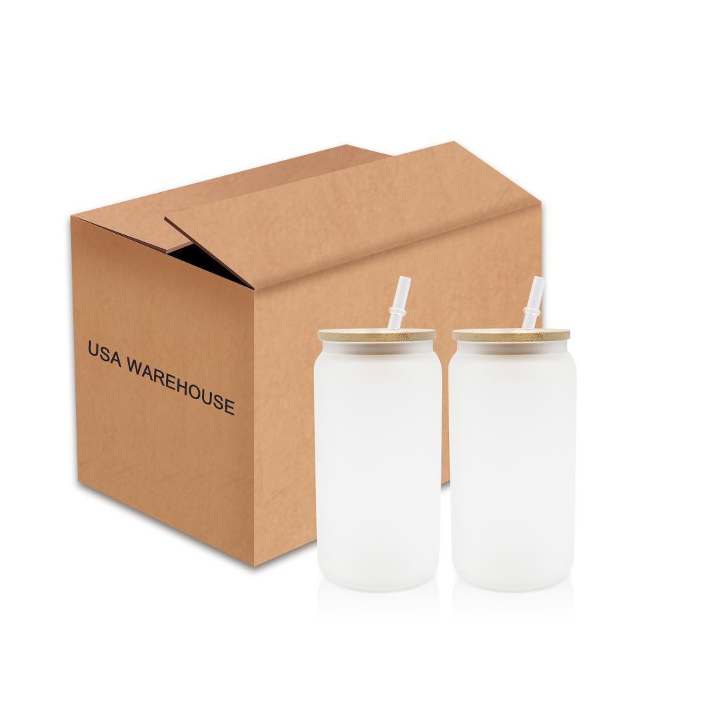 Alwin USA Warehouse 16oz Can Shaped Glass Sublimation Frosted Clear Beer Can Water Bottle Glass Jar with Bamboo Lid and Straws