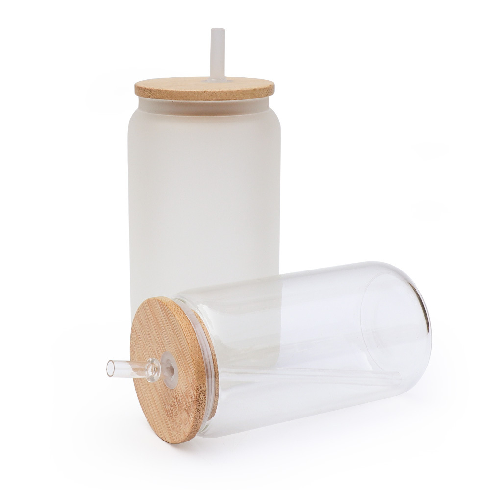Alwin USA Warehouse 16oz Can Shaped Glass Sublimation Frosted Clear Beer Can Water Bottle Glass Jar with Bamboo Lid and Straws