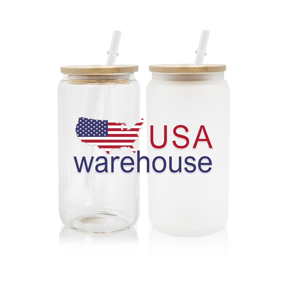 Alwin USA Warehouse 16oz Can Shaped Glass Sublimation Frosted Clear Beer Can Water Bottle Glass Jar with Bamboo Lid and Straws
