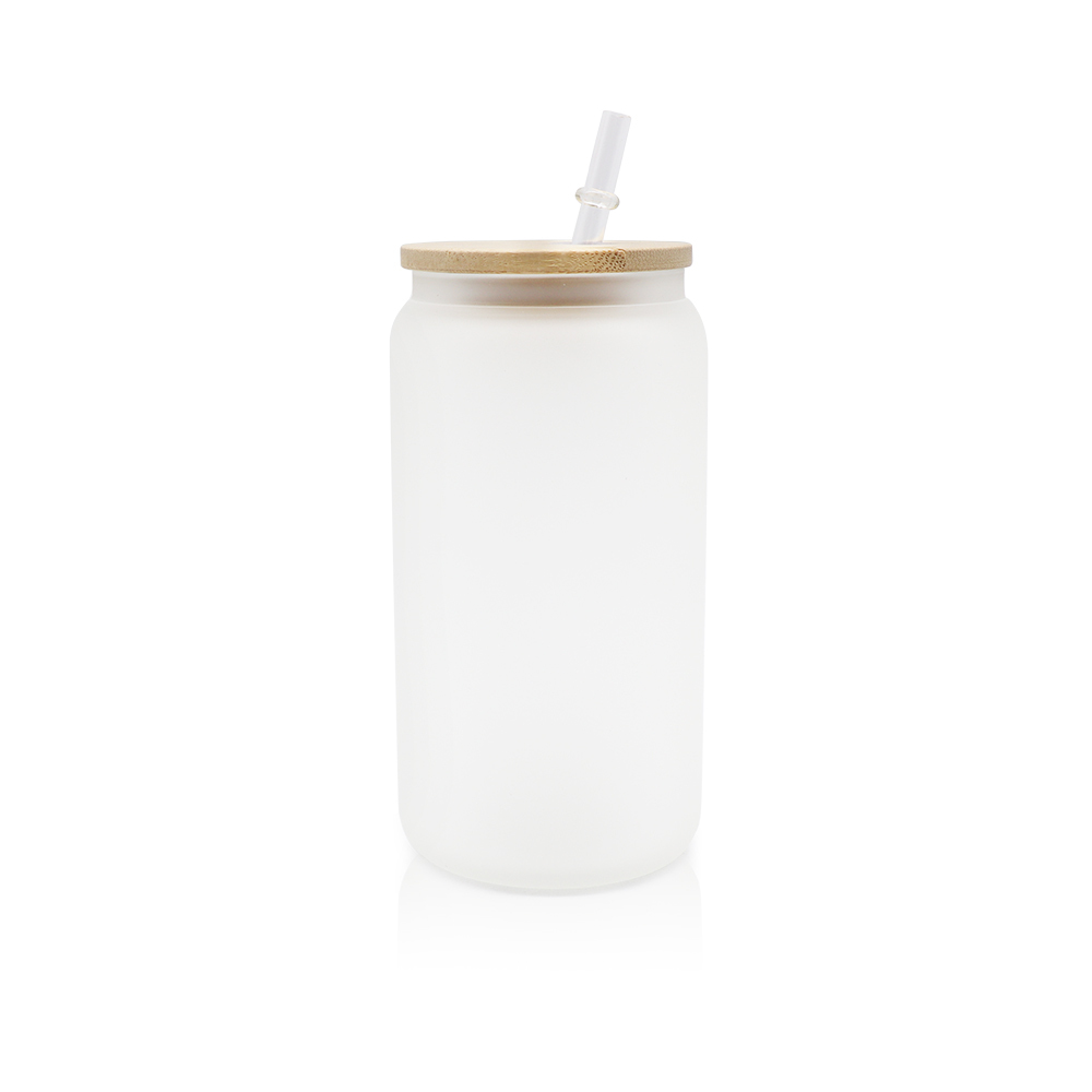Alwin USA Warehouse 16oz Can Shaped Glass Sublimation Frosted Clear Beer Can Water Bottle Glass Jar with Bamboo Lid and Straws