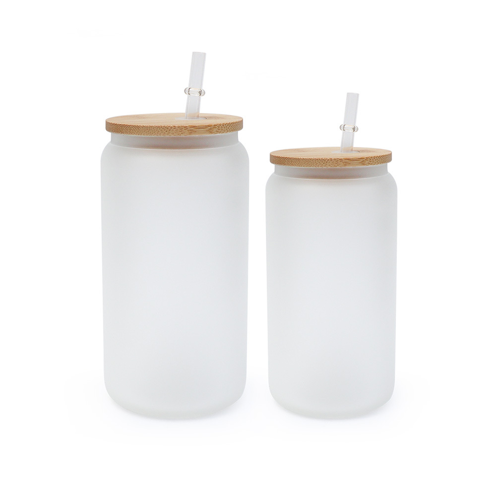 Alwin USA Warehouse 16oz Can Shaped Glass Sublimation Frosted Clear Beer Can Water Bottle Glass Jar with Bamboo Lid and Straws