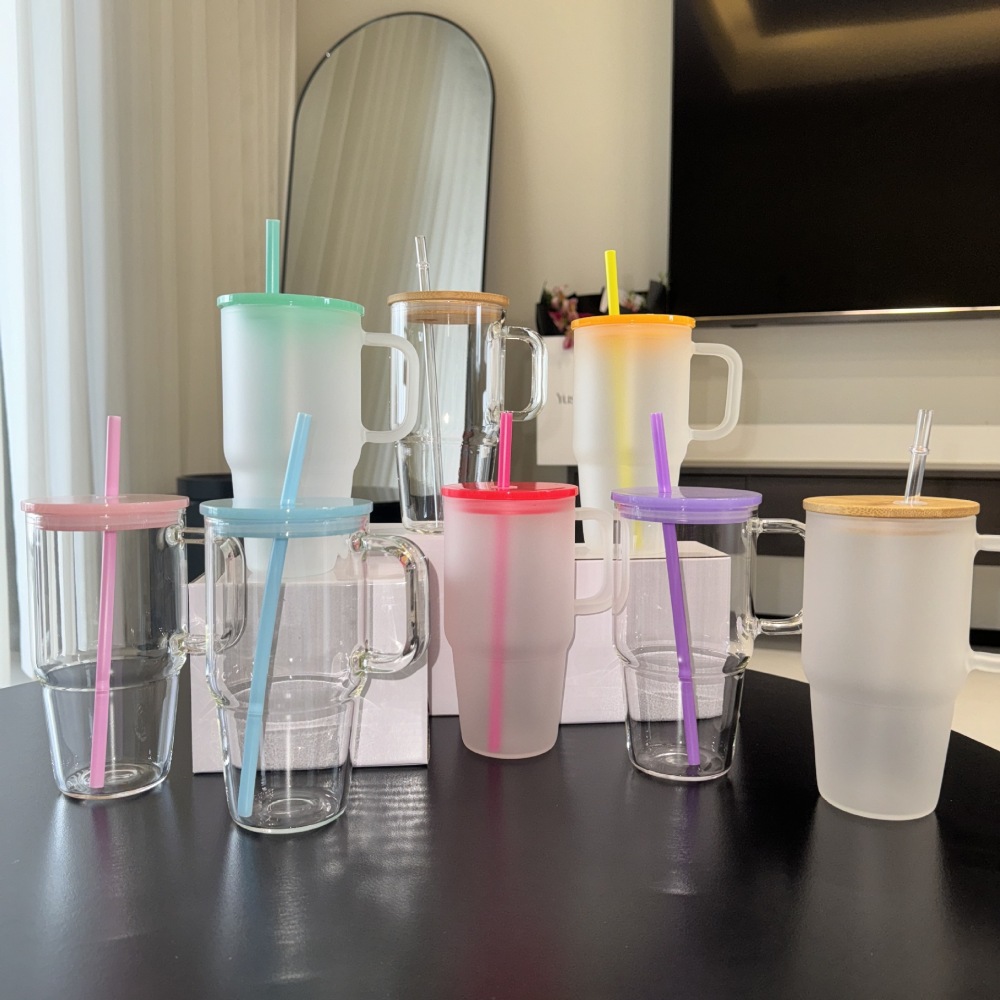Alwin China RTS New 20oz Glass Jelly Frosted Clear With Color Lids and Straw