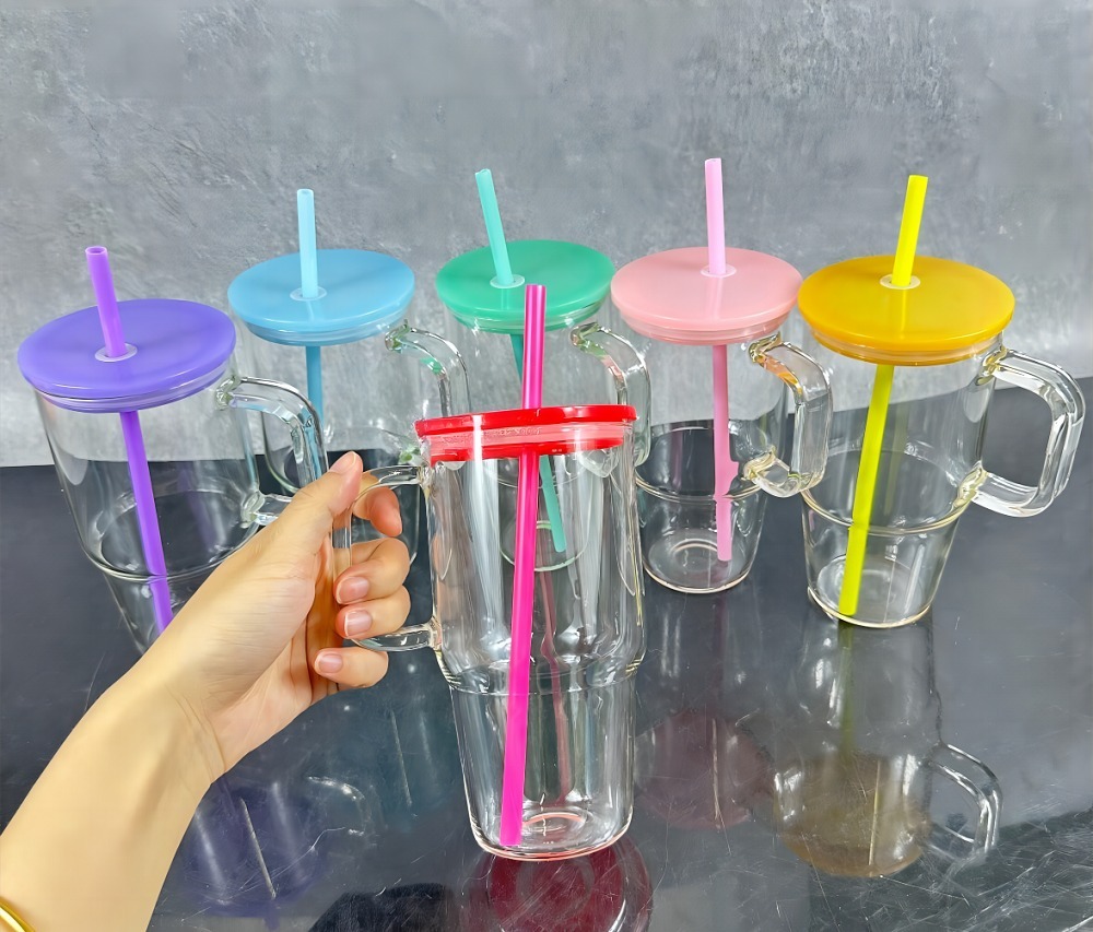 Alwin China RTS New 20oz Glass Jelly Frosted Clear With Color Lids and Straw