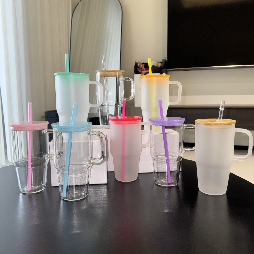 Alwin China RTS New 20oz Glass Jelly Frosted Clear With Color Lids and Straw