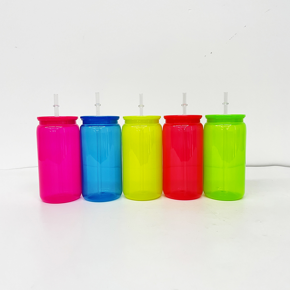 Alwin USA RTS 25/50 Pack 16oz Neon Colors Plastic Libby CansPC UVDTF Cups With Colored Plastic Lids And PlasticStraws