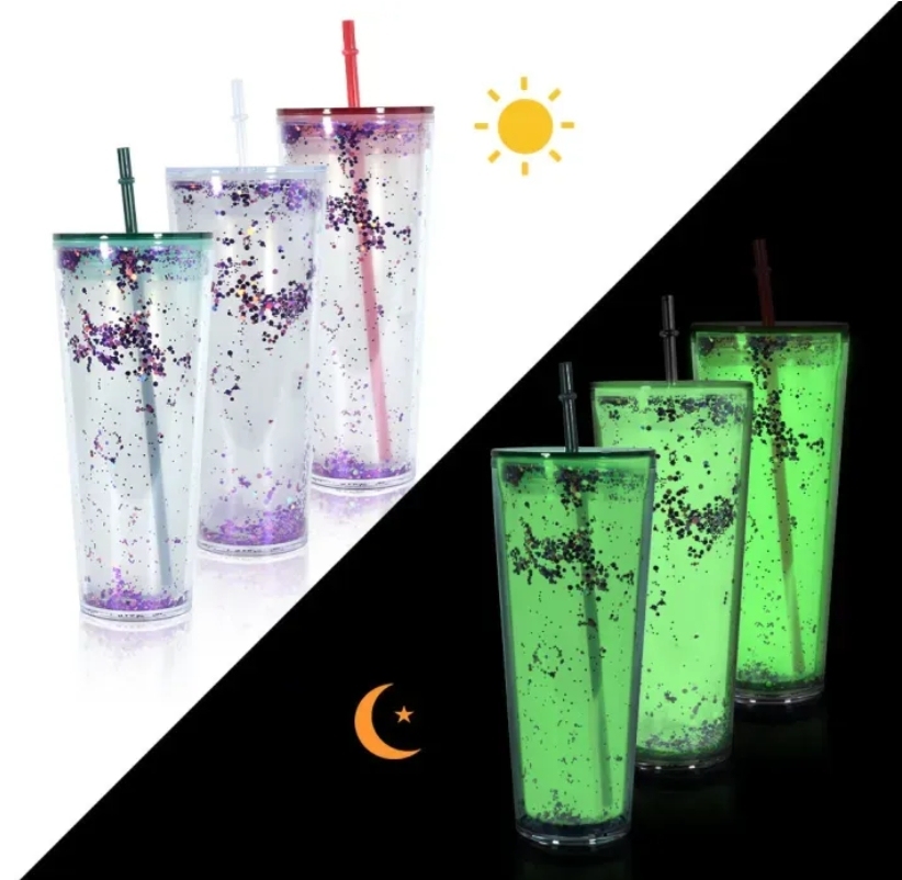 Alwin RTS US Warehosue Clear 24oz Glow In the dark Snow Globe Plastic Cups with Plugs 25pcs/case