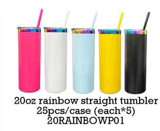 Alwin USA RTS 20oz Rainbow Plated Powder Coated Skinny Tumblers with colorful straw