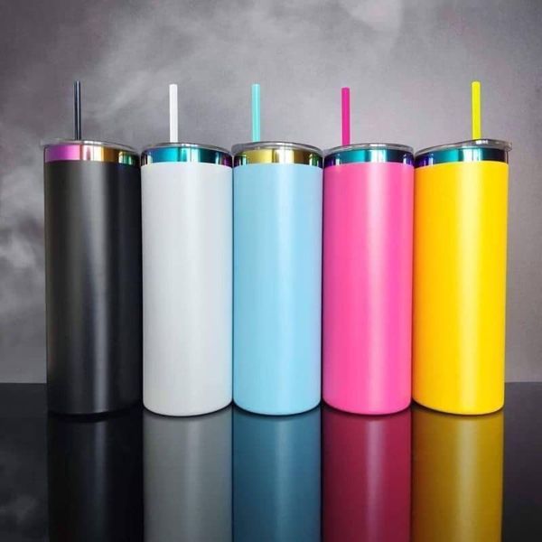 Alwin USA RTS 20oz Rainbow Plated Powder Coated Skinny Tumblers with colorful straw