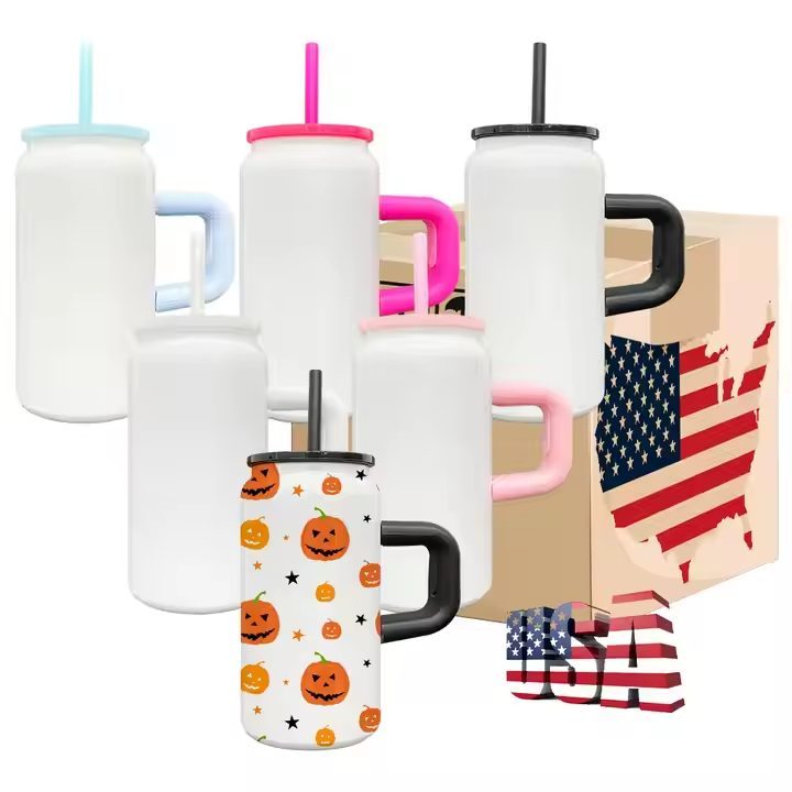 Alwin USA RTS 16oz Stainless Steel Sublimation Mug Can with Colored Handle and Lids