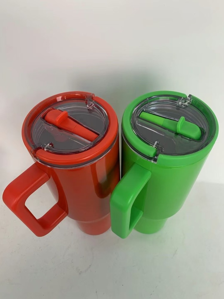 Alwin USA RTS 40oz Christmas Green Red Laser Engrave Powder Coated Stainless Steel Cup with Handle and Portable Lids