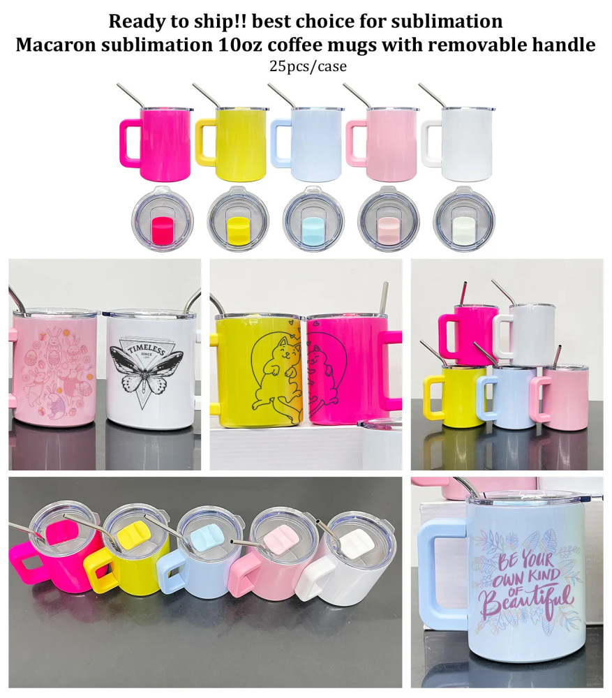 Alwin China RTS Macaron Sublimation 10oz Coffee Mugs with Removable Handle Mixed Color