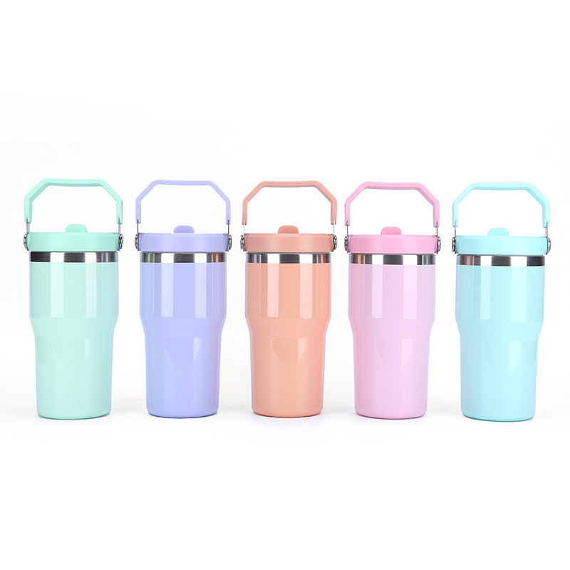 Alwin USA RTS 20oz Sublimation Macaron Glossy Travel Mug with Handle and Flip Top Straw Mixed Color White