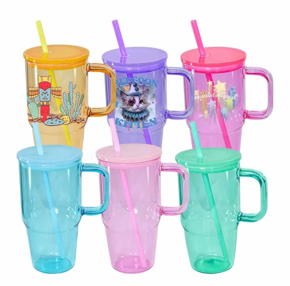 Alwin USA China RTS New 20oz Glass Jelly Frosted Clear With Color Lids and Straw