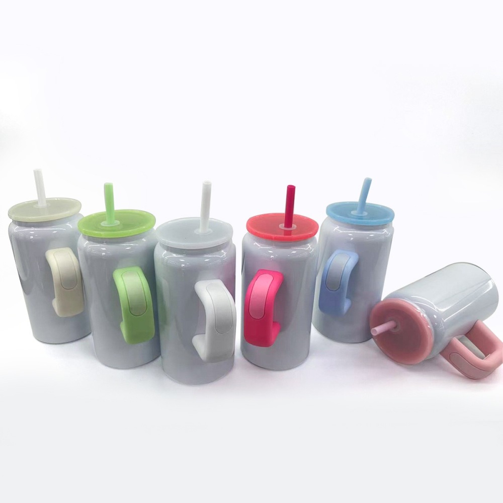 Alwin USA RTS 16oz Stainless Steel White Subliamtion mug with Color Hanldle Lids Straw New Arrival