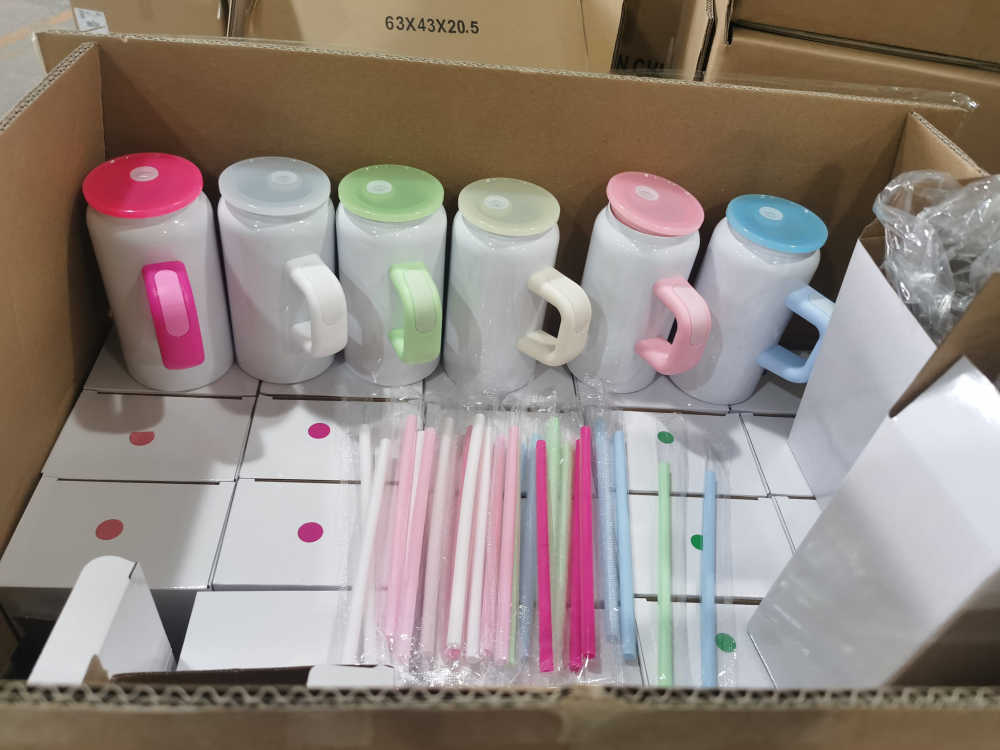 Alwin USA RTS 16oz Stainless Steel White Subliamtion mug with Color Hanldle Lids Straw New Arrival
