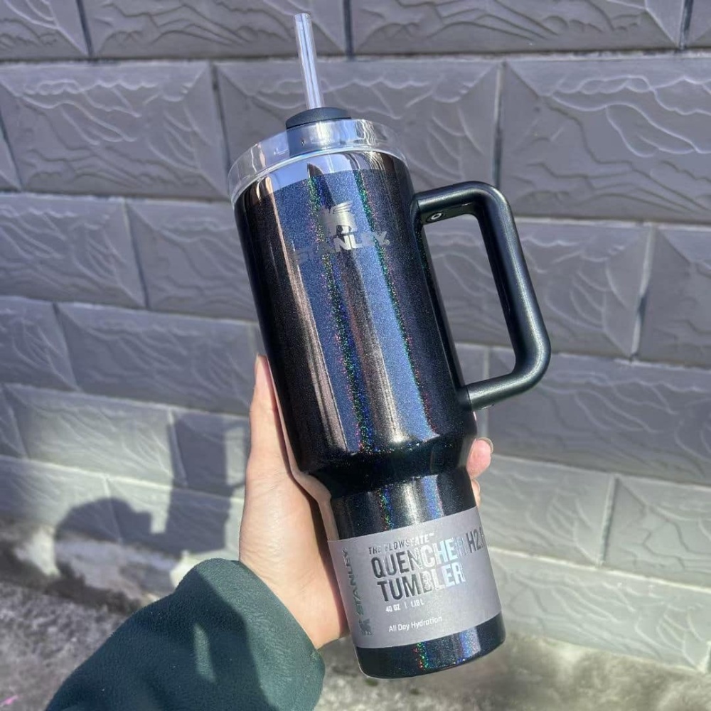Alwin China RTS 40oz Black Glitter Flash Shineling Stanley Mug with Hnadle and lids logo