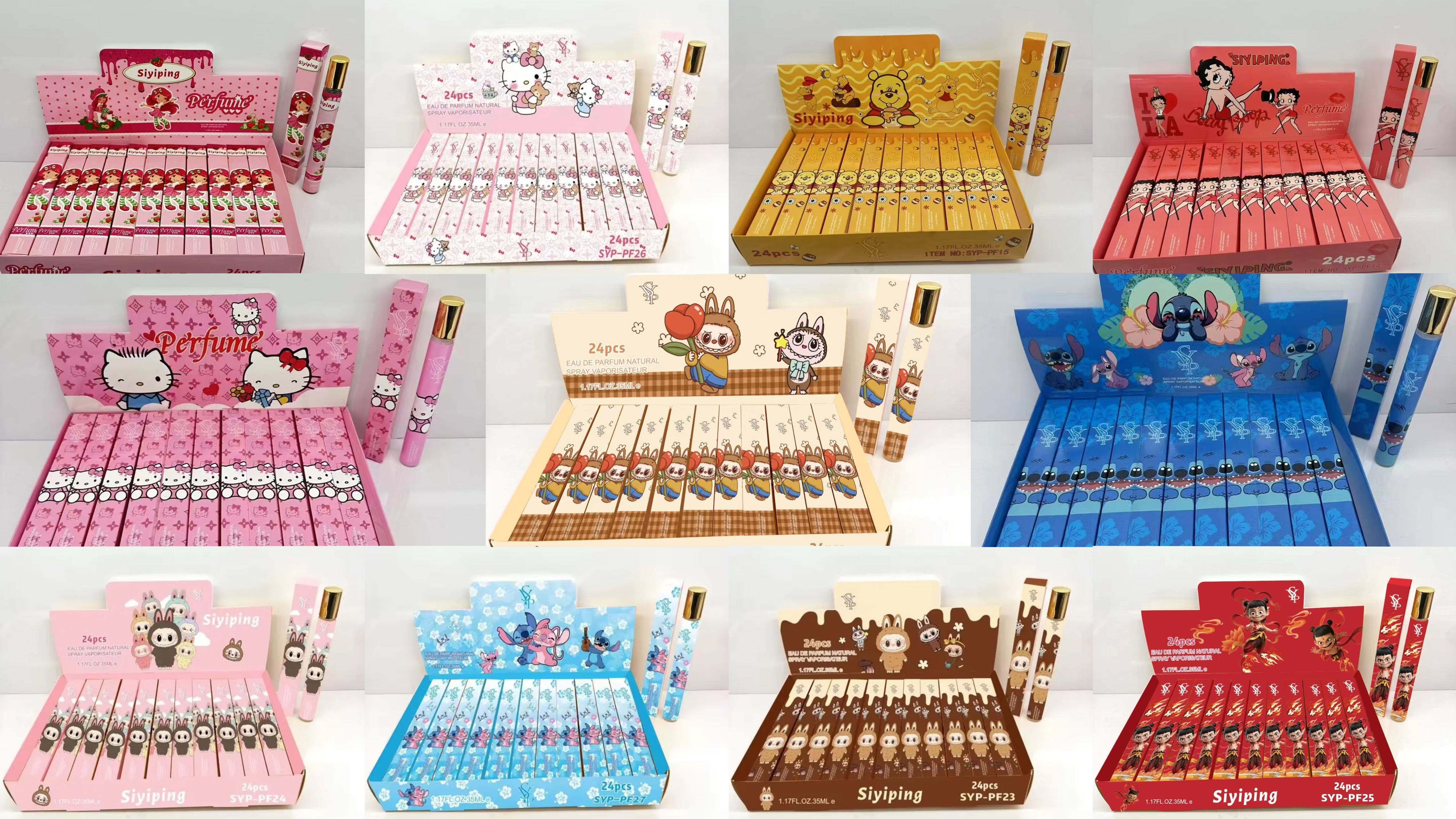 Alwin China RTS Perfume Hellokitty Stitch Labubu Cartoon Perfume Spray 24pcs/box