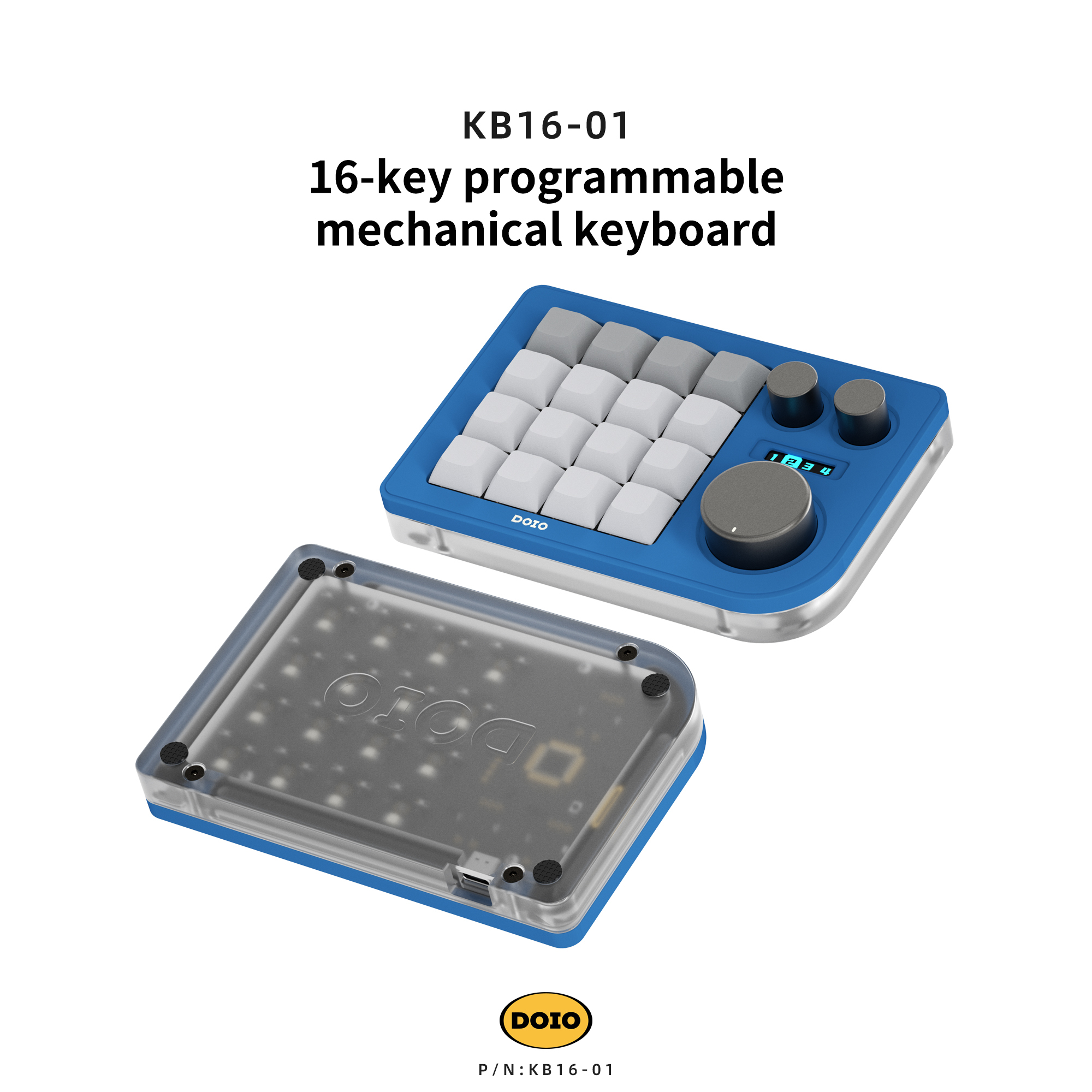 DOIO 16 keys Programmable Multifunction  Mechanical keyboard Translucent acrylic KB16-01