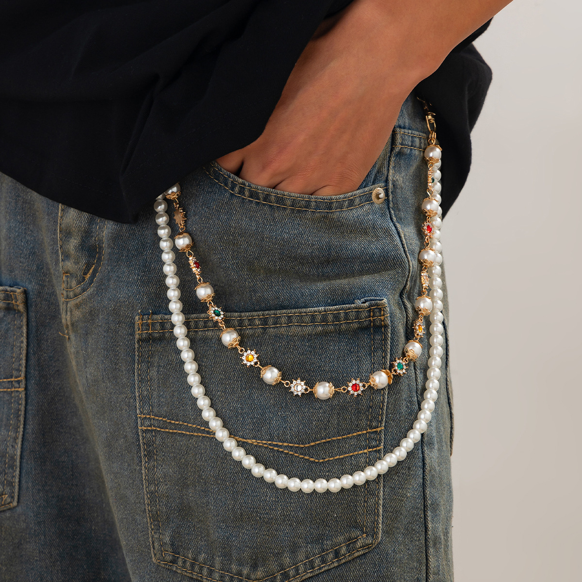 Diamond-encrusted Pearl Flower Bag Chain Trouser Chain
