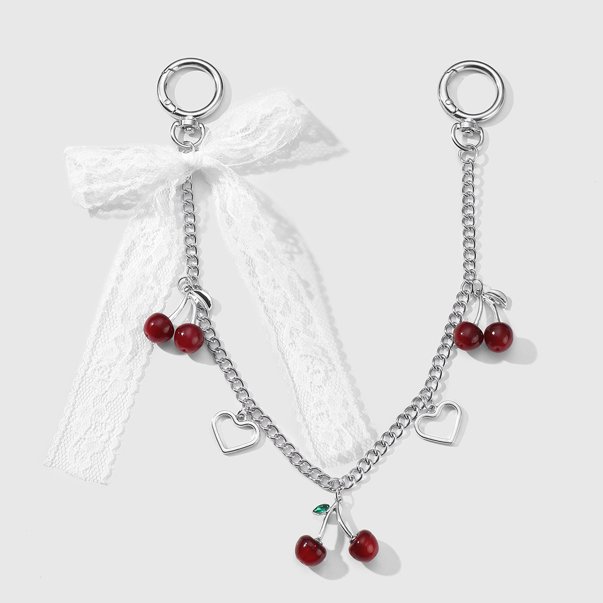 Bag Charm With Lace Bow And Simulated Cherry Pendant