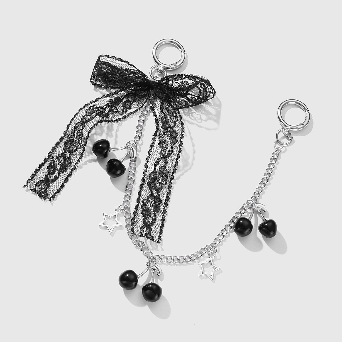 Bag Charm With Lace Bow And Simulated Cherry Pendant