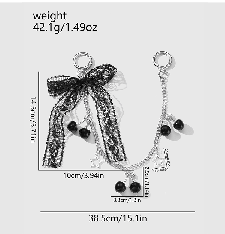 Bag Charm With Lace Bow And Simulated Cherry Pendant